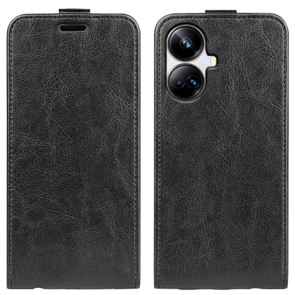 Black textured leather flip phone case for Realme 10 Pro+, single vertical cover