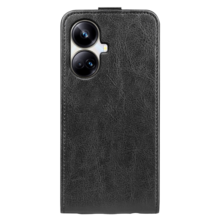 Black textured leather flip phone case, camera cutout visible on front