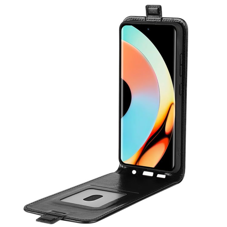 Black textured leather flip phone case, open stand with card slot