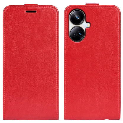 Red textured leather flip phone case, front cover with top speaker cutout