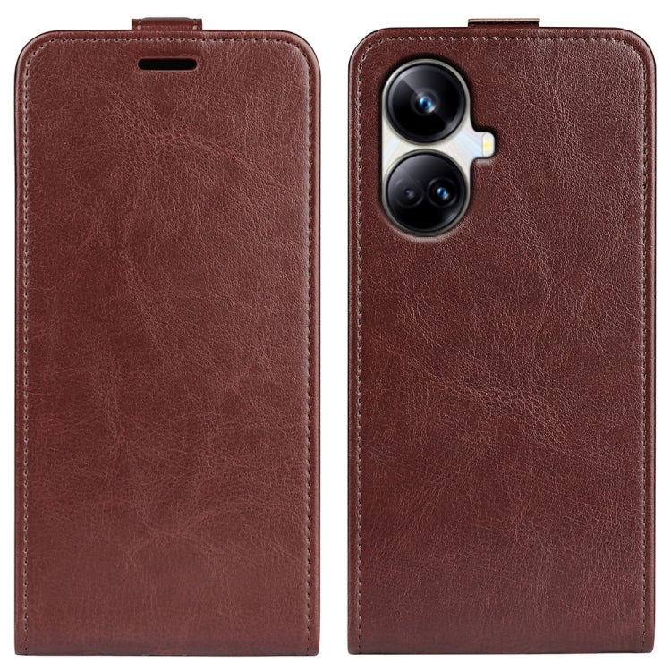 Brown textured leather flip phone case, front cover with top cutout