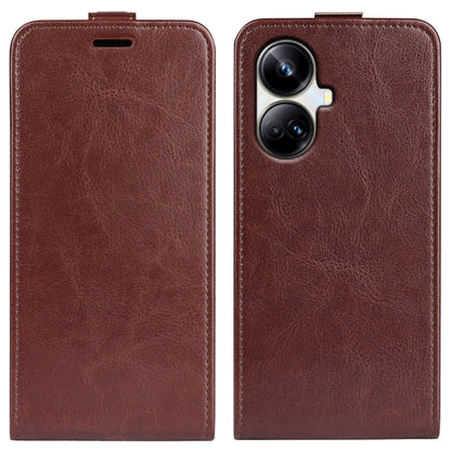 Brown textured leather flip phone case, front cover with top cutout