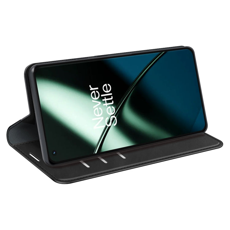 Black leather flip phone case standing open like a stand with phone screen visible
