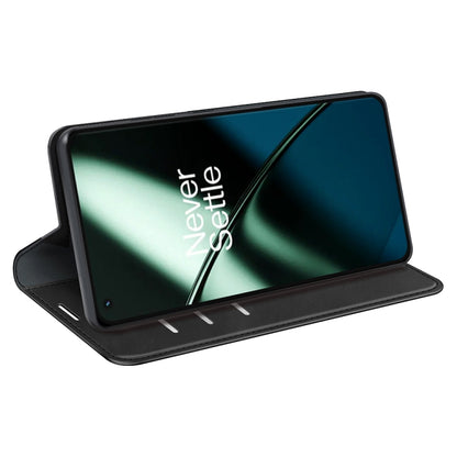 Black leather flip phone case standing open like a stand with phone screen visible