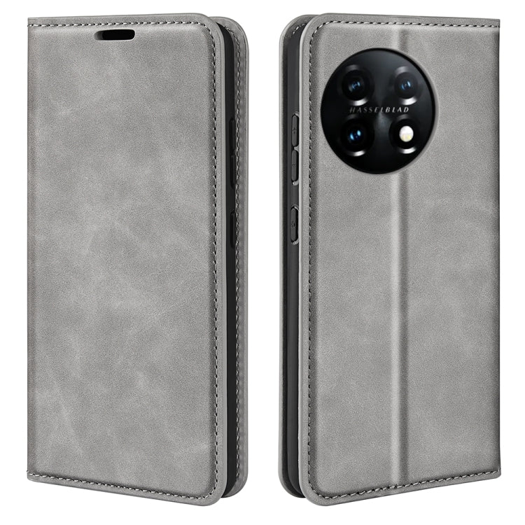 Grey leather flip phone case with front cover and camera cutout, stitched trim