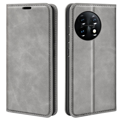 Grey leather flip phone case with front cover and camera cutout, stitched trim