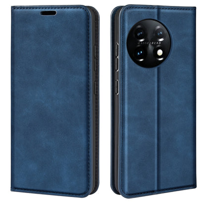 Dark blue leather flip phone case with front cover and camera cutout, stitched edges