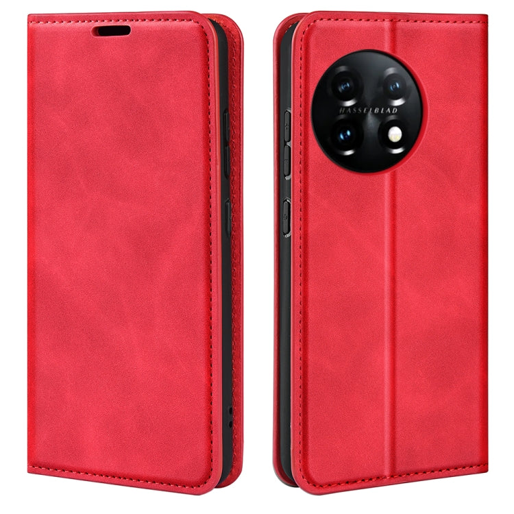 Red leather flip phone case with front cover and camera cutout, stitched border