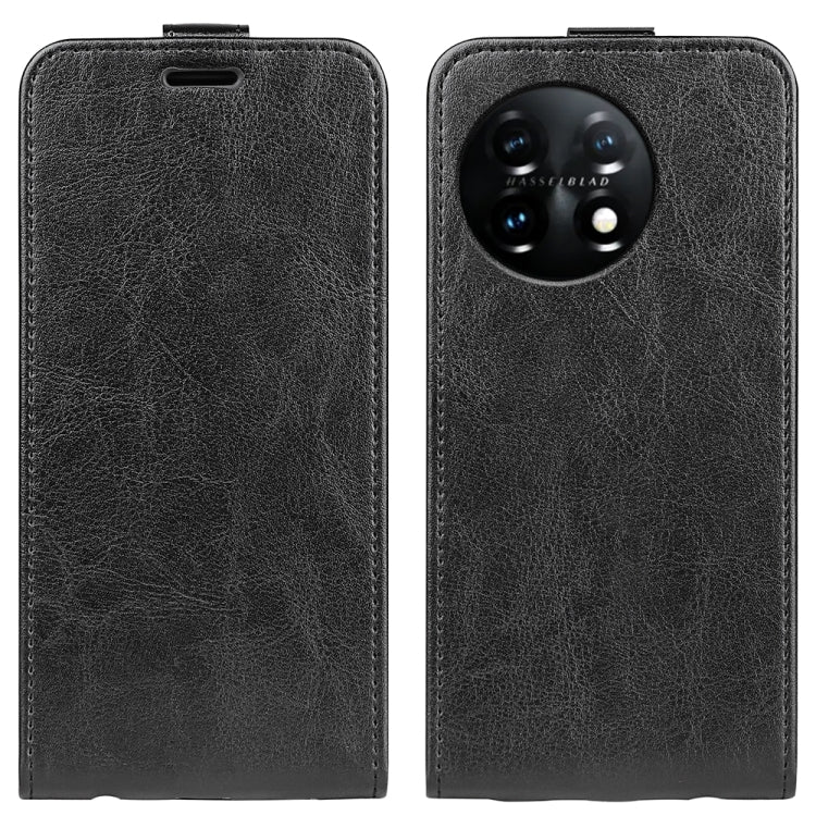 Black textured leather vertical flip phone case with camera cutout and top speaker slot
