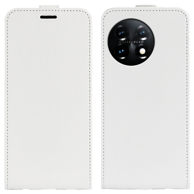 White textured leather vertical flip phone case with camera cutout and top slot