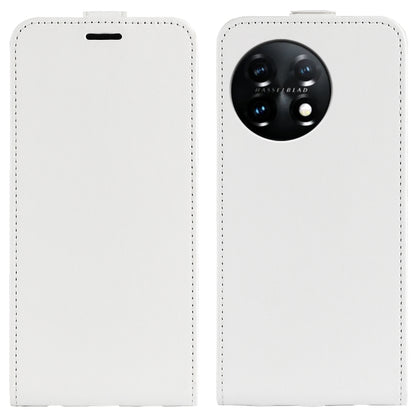 White textured leather vertical flip phone case with camera cutout and top slot