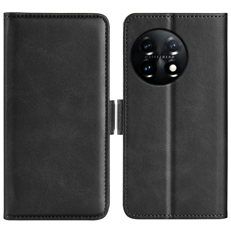 Black leather phone case with magnetic buckle, two-piece open view showing camera cutout