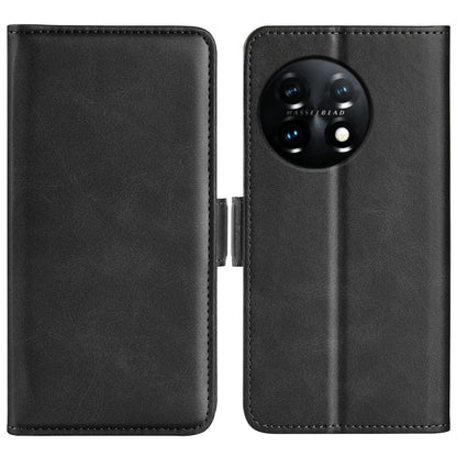 Black leather phone case with magnetic buckle, two-piece open view showing camera cutout