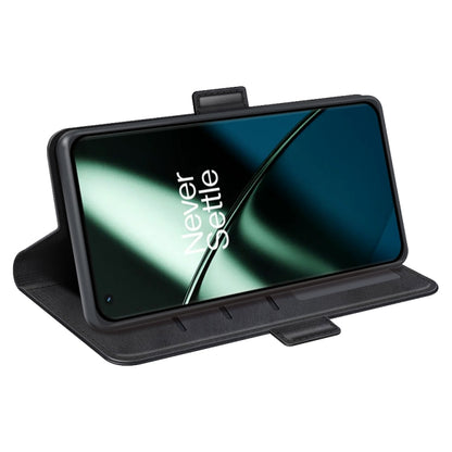Black leather folio phone case with magnetic buckle, stand view with phone screen