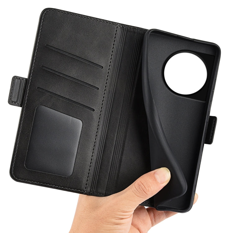 Black leather phone case with magnetic buckle, inside card slots and hand holding