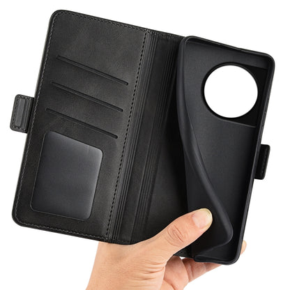 Black leather phone case with magnetic buckle, inside card slots and hand holding