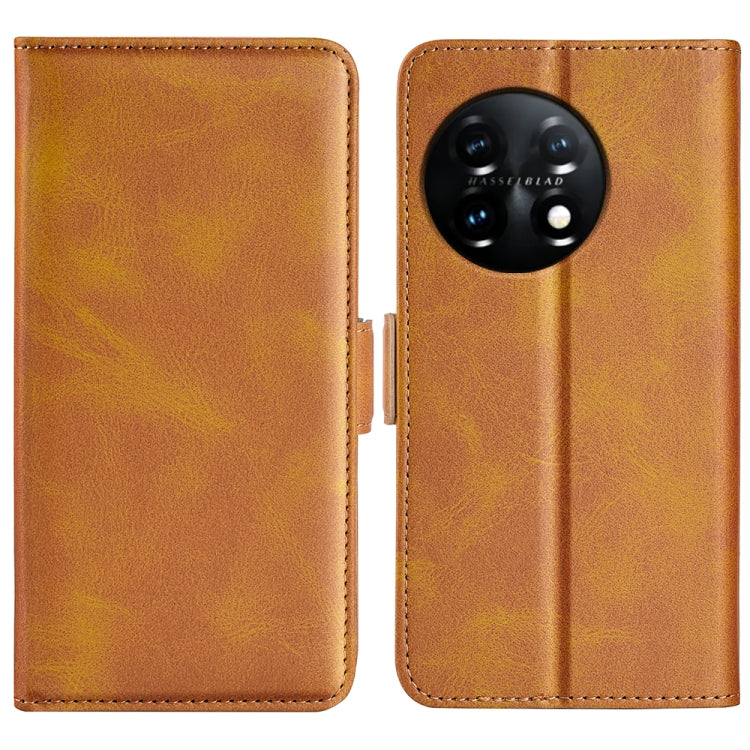 Brown leather phone case with magnetic buckle, two-piece open view showing camera cutout