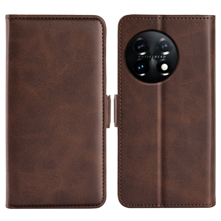 Dark brown leather phone case with magnetic buckle, two-piece open view