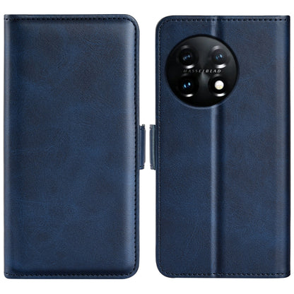 Dark blue leather phone case with magnetic buckle, two-piece open view showing camera cutout