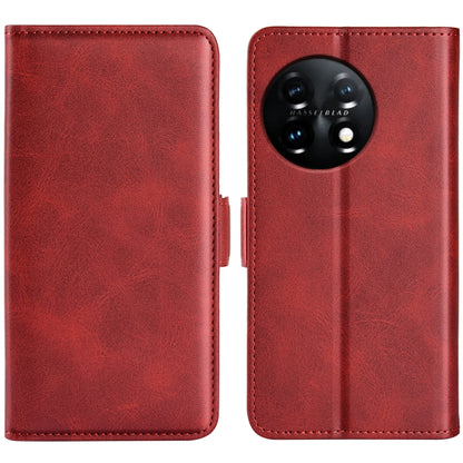 Red leather phone case with magnetic buckle, two-piece open view showing camera cutout