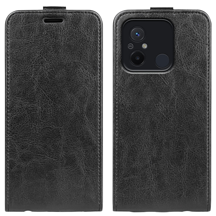 Black textured leather flip phone case with magnetic closure and camera cutout