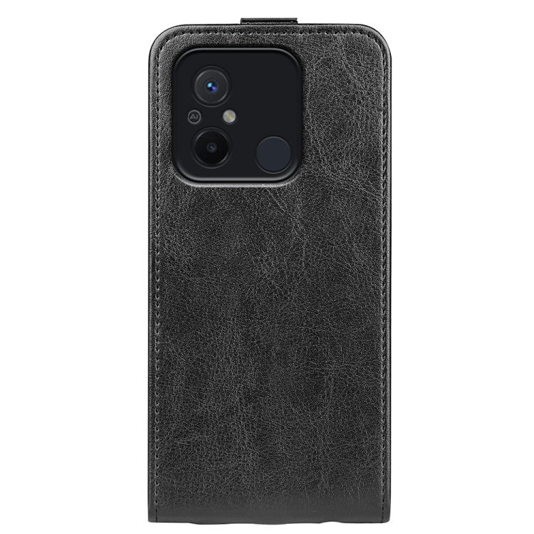 Black textured leather flip phone case with camera cutout on back panel