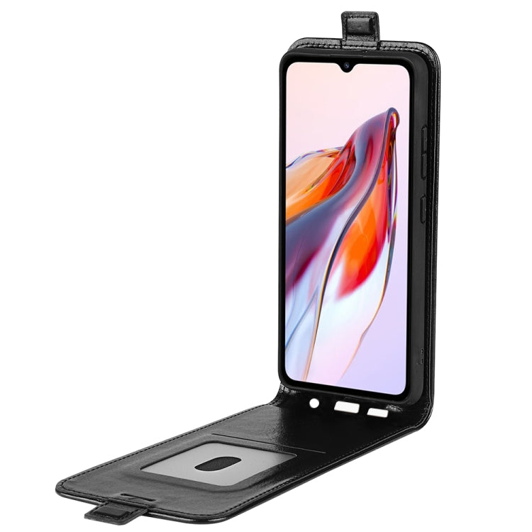 Black textured leather flip phone case with front window and card slot