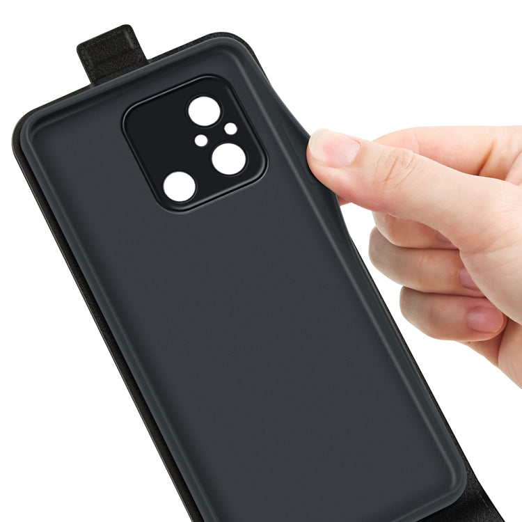 Black textured leather case with camera cutout, shown from rear