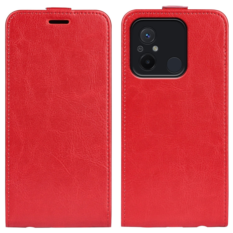 Red textured leather flip phone case with magnetic closure and camera cutout