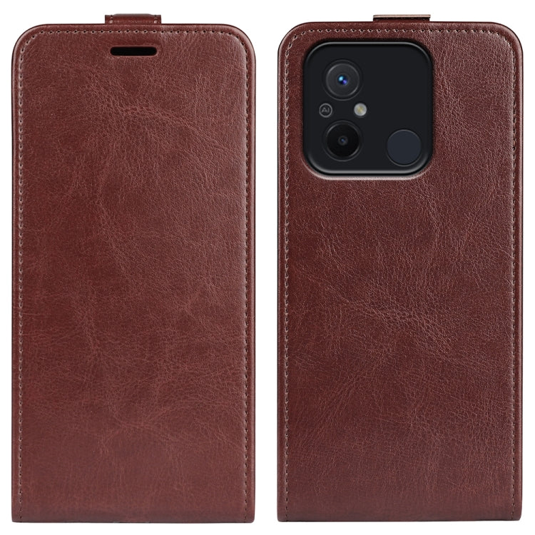 Brown textured leather flip phone case with magnetic closure and camera cutout