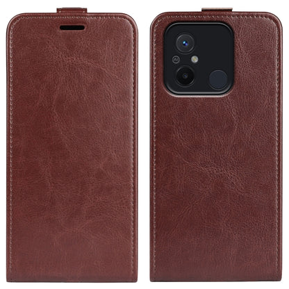 Brown textured leather flip phone case with magnetic closure and camera cutout