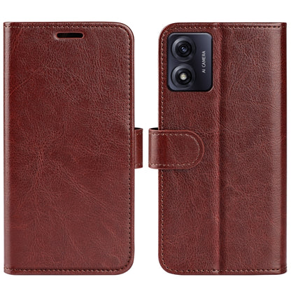 Brown textured leather flip phone case with camera cutout and front clasp tab