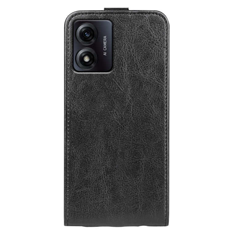 Black textured vertical flip leather phone case with camera cutout, front view