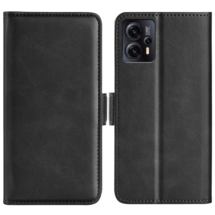 Black horizontal flip leather phone case with magnetic buckle, dual-side protection.