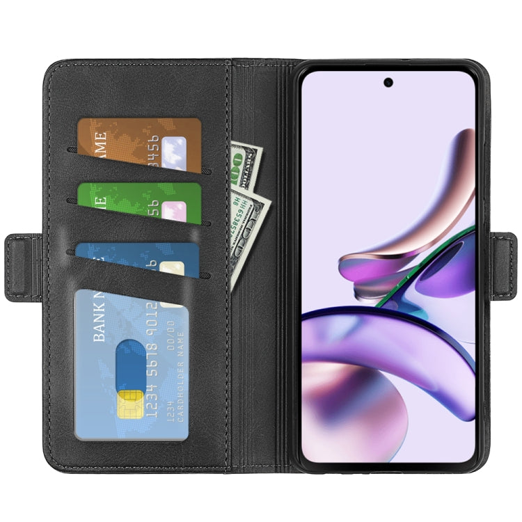Black flip leather phone case with card slots and magnetic buckle, phone inside.