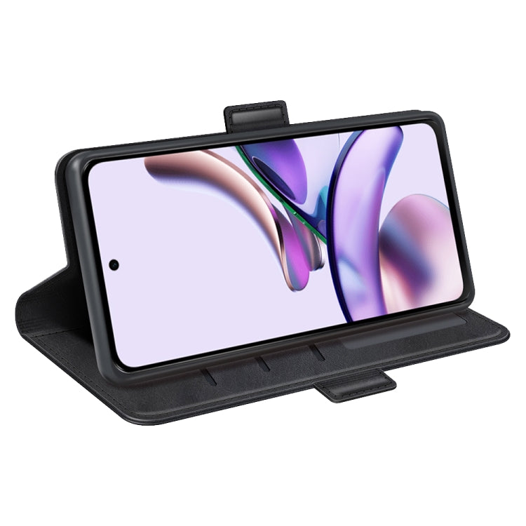 Black horizontal flip leather phone case with stand-up viewing angle and magnetic buckle.