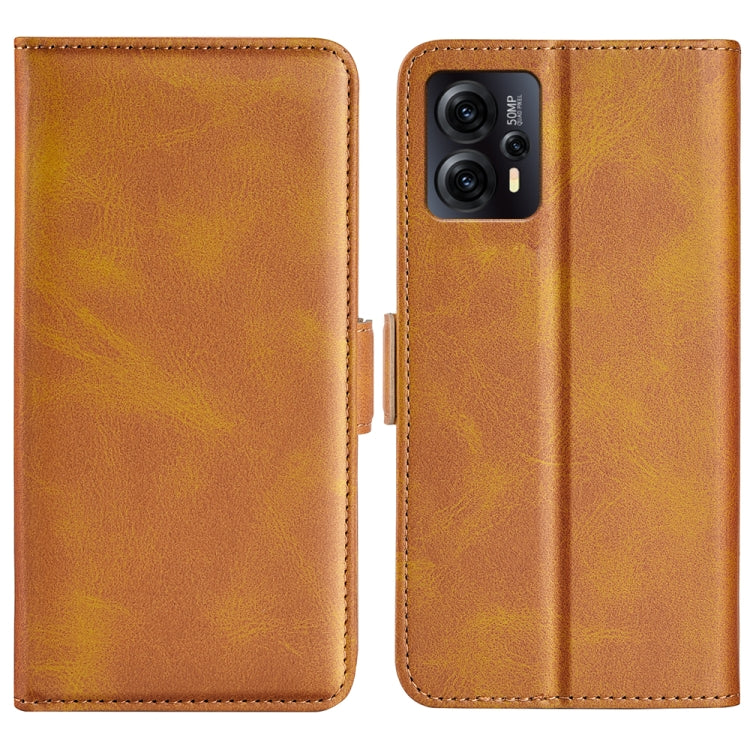 Tan/brown horizontal flip leather phone case with magnetic buckle, dual-side design.
