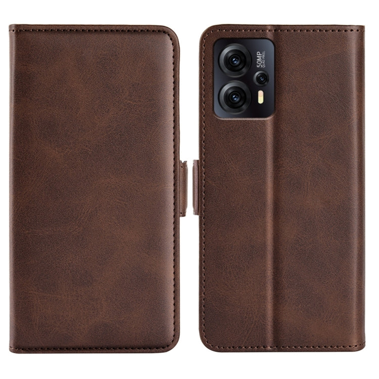 Dark brown horizontal flip leather phone case with magnetic buckle and camera cutout.