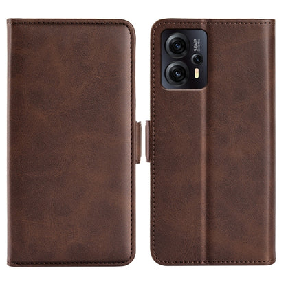Dark brown horizontal flip leather phone case with magnetic buckle and camera cutout.