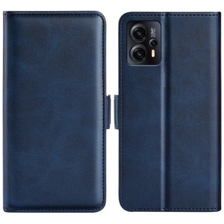 Dark blue horizontal flip leather phone case with magnetic buckle and camera opening.