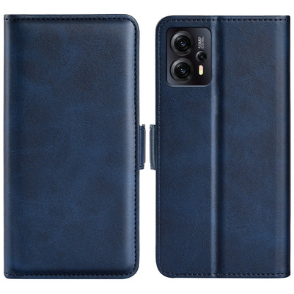 Dark blue horizontal flip leather phone case with magnetic buckle and camera opening.