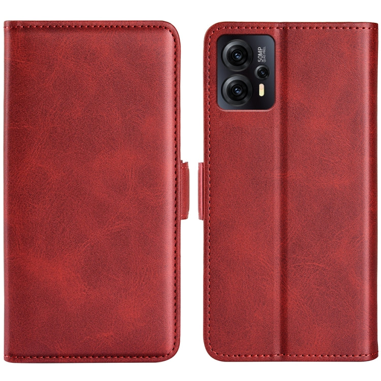 Red horizontal flip leather phone case with magnetic buckle, dual-side protection.