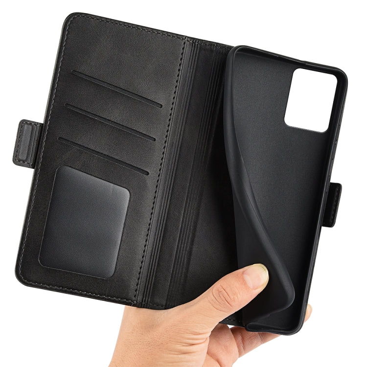 Magnetic buckle flip leather phone case, black, opened with card slots and hand-held grip