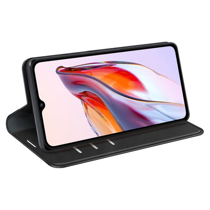 Black leather-style magnetic kickstand phone case with front cover folded
