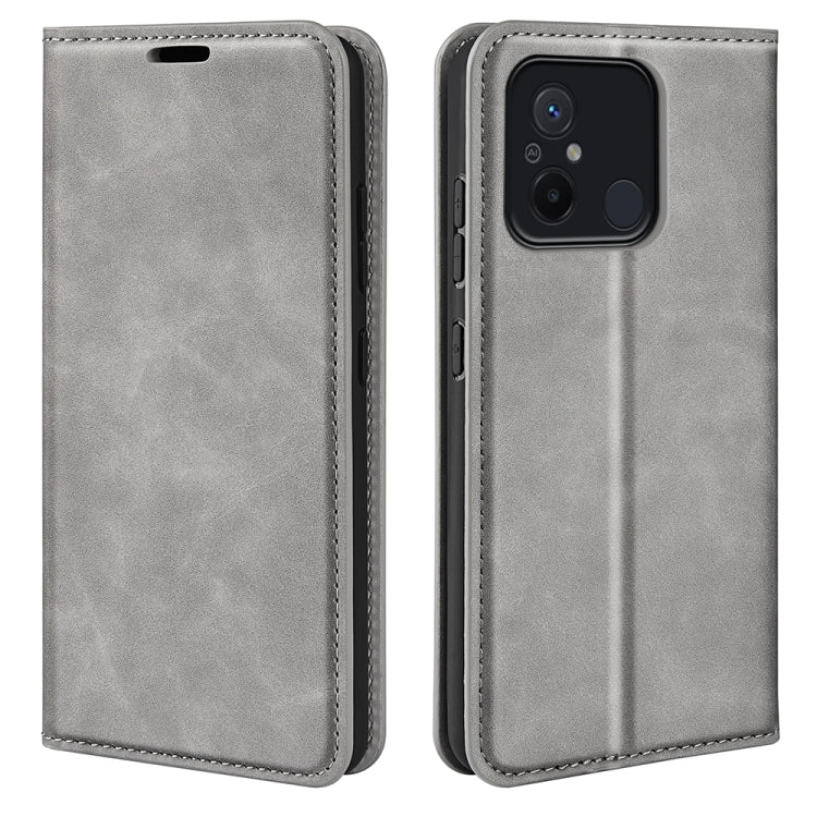 Grey leather-style magnetic flip phone case with stitched border and camera cutout