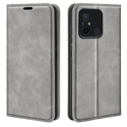 Grey leather-style magnetic flip phone case with stitched border and camera cutout
