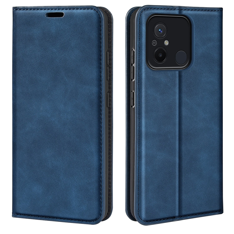Dark blue leather-style magnetic flip phone case with stitched edges and camera cutout