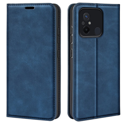 Dark blue leather-style magnetic flip phone case with stitched edges and camera cutout