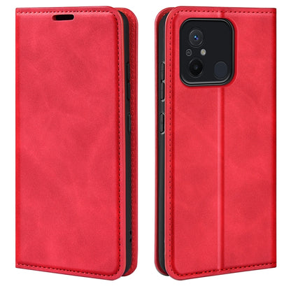 Red leather-style magnetic flip phone case with stitched edges and camera cutout