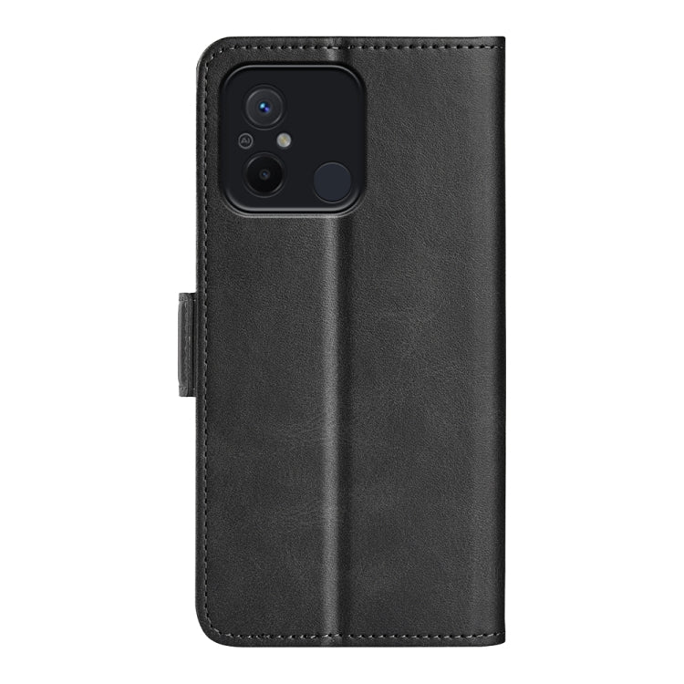 Black leather flip phone case for Xiaomi Redmi 12C with camera cutout on back